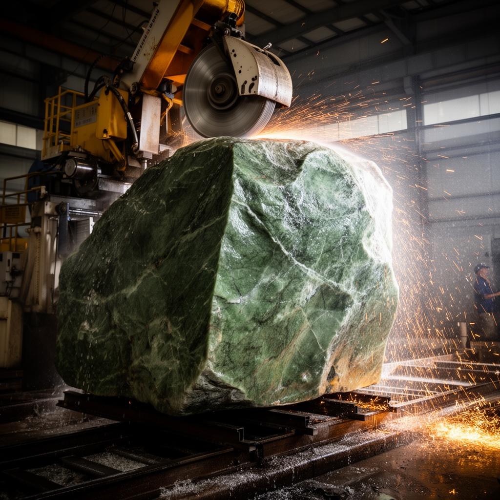 Diamond saw cutting jade boulder